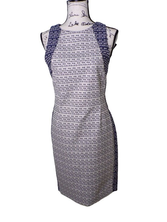 Zara Dresses & Skirts - 🆕ZARA Cut-Out Back Sleeveless Sheath Dress Navy Blue Off-White Print Medium